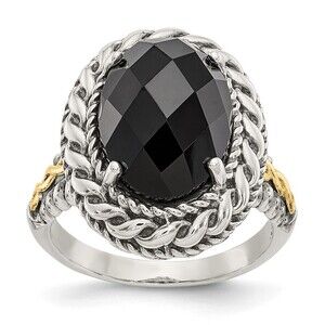 925 Sterling Silver Genuine 14K Accent Antiqued Checkerboard-cut Black Onyx Ring